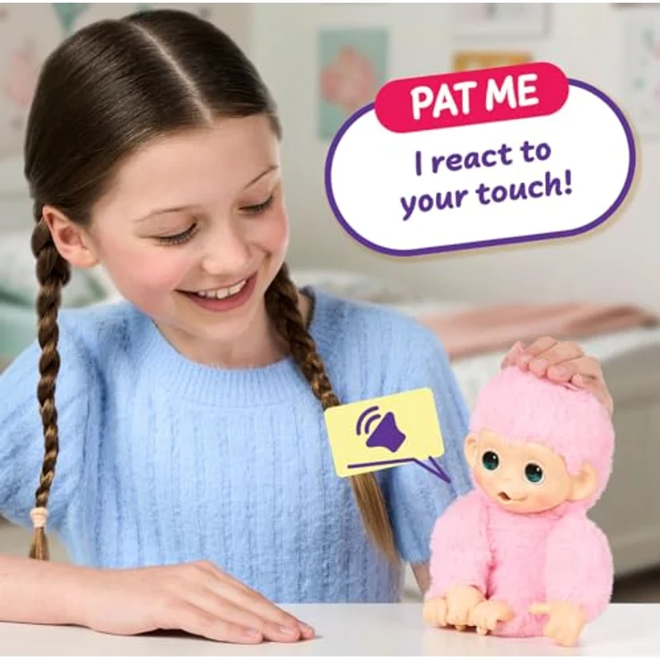 Little Live Pets Baby Monkey Minis Luna Lemon, interaktiver Plüschaffe mit 20+ Geräuschen, 18,8 cm, weiches rosa Fell, griffige Hände & Füße, sammle alle 3 – Bild 3