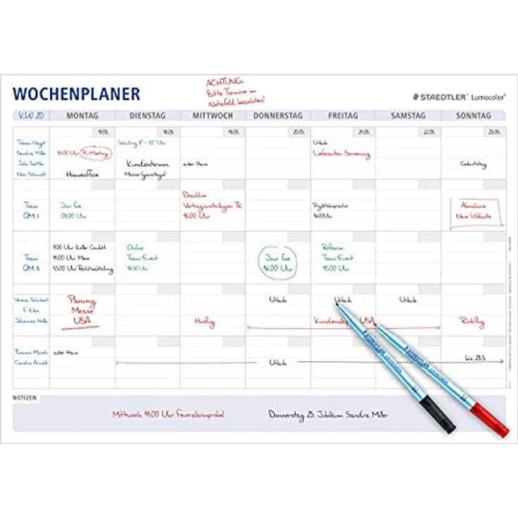 STAEDTLER Wochenplaner Lumocolor, wiederverwendbar, trocken abwischbar, Größe DIN A1, im Set mit 2 Stiften Lumocolor correctable M rot, schwarz und 2 Stiftklemmen, 641 A1-1