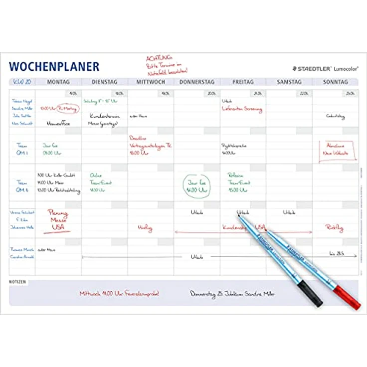 STAEDTLER Wochenplaner Lumocolor, wiederverwendbar, trocken abwischbar, Größe DIN A1, im Set mit 2 Stiften Lumocolor correctable M rot, schwarz und 2 Stiftklemmen, 641 A1-1 – Bild 1