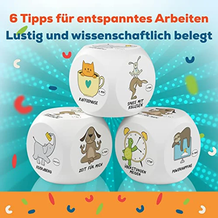 GLÜCKSGUT® Anti-Stress-Würfel, lustiges Spielzeug mit 6 humorvollen Motiven, inklusive Geschenkbox und Anleitung für Stressabbau im Büro – Bild 3