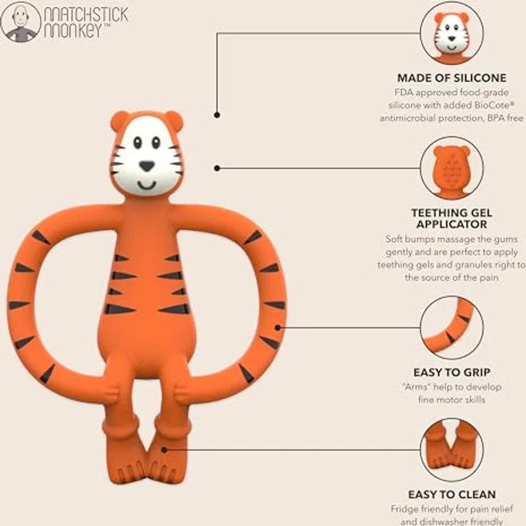 Streichholz-Affe - Lebensmittel-Silikon-Flachgesicht-Tier-Zahnspiel - kleiner Affe Matchstick Monkey Beißring/Zahnungshilfe/für wundes Zahnfleisch/ab 3 Monaten/Tiermotiv Teddy Tiger – Bild 4
