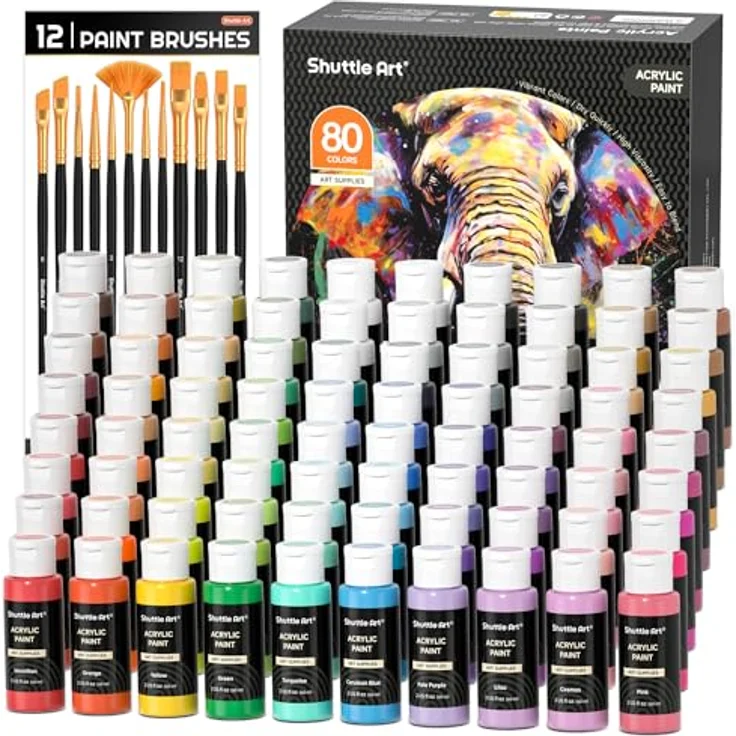 Shuttle Art Acrylfarben Set, 80 bunte Acrylfarben (60ml) mit 12 Pinseln, ungiftig, wasserfest für Leinwand, Holz und Steine – Bild 1