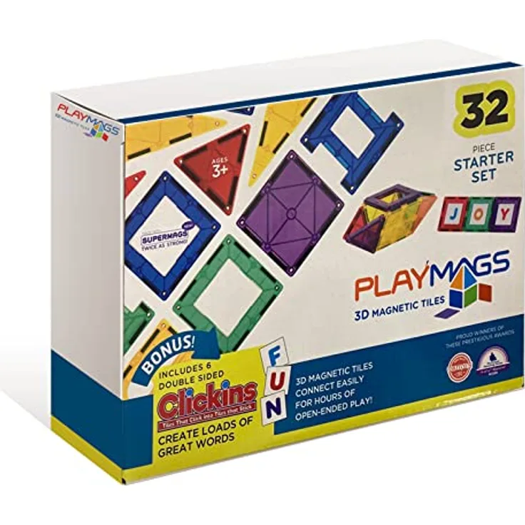 Playmags 32-Teiliges Buntes Fliesen-Set – Einzigartige Preisgekrönte Starke Magnetische Bauplättchen Für Kinder – Kreativitäts- Und Pädagogisches Bauspielzeug Für Kinder – STEM-Geprüft (32 Stück)