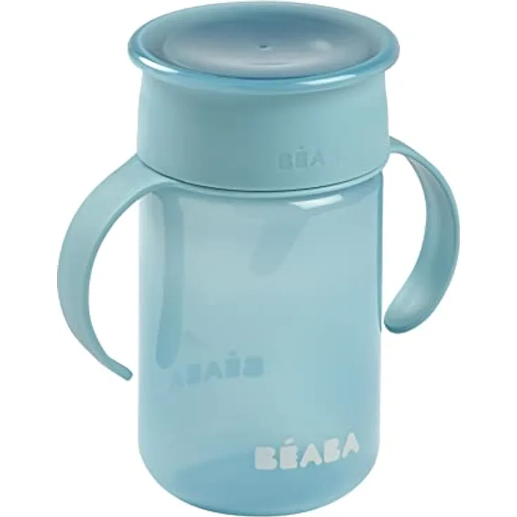 BÉABA, 360°-Lernbecher mit Anti-Tropf-Scheibe, patentiertes Anti-Auslauf-System, ab 12 Monaten, abnehmbare Griffe, mit hygienischem Deckel, solide und leicht, 340 ml, Blau
