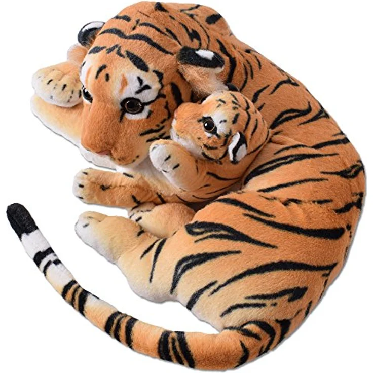 TE-Trend 2in1 XL Plüsch Tiger mit Tigerbaby, liegendes Kuscheltier aus braun getigtem Plüsch, 60 cm groß – Bild 3