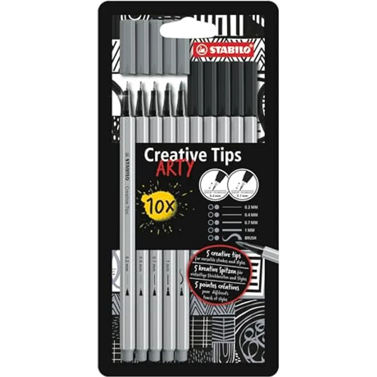 STABILO Filzstift STABILO Creative Tips ARTY Multiliner-Set - 10er Pack - schwarz/mittel - Shading Effekte und präzise Linienführung – Bild 2