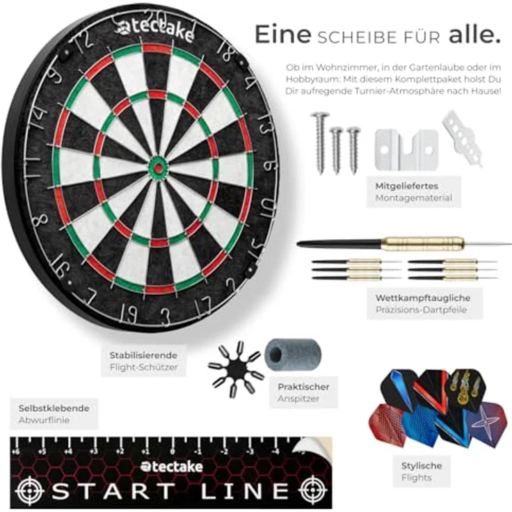 tectake® Dartscheibe Profi Steel, Komplettset mit 9 Dartpfeilen, 21 Flights und Zubehör, für Indoor- und Outdoor-Dartspiele – Bild 3