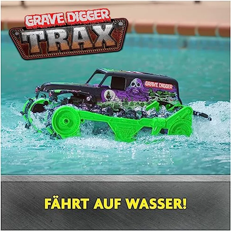Monster Jam, Grave Digger Trax - ultrastarkes, ferngesteuertes Kettenfahrzeug im Maßstab 1:15, All-Terrain-geländegängig an Land und im Wasser - geeignet für Jungen und Mädchen ab 4 Jahren – Bild 2