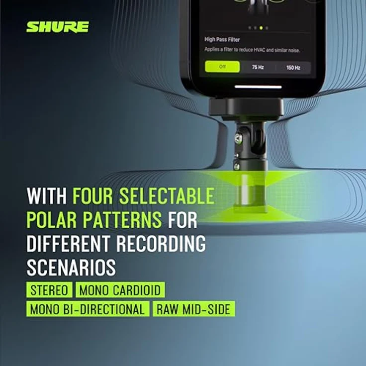 Shure MV88 USB-C Stereo-Mikrofon für Mobile Aufnahmen und Vlogging, Auto-Level-Modus, Echtzeit-Denoiser, vier Richtcharakteristiken, schwarz – Bild 5