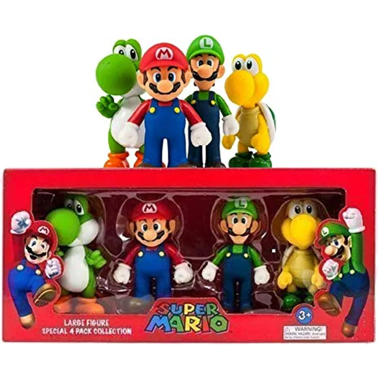 Nintendo Super Mario groß 4 Figur Sammlung Paket, offiziell lizenziert, 12,7 cm, Geschenk-Box, für Fans und Sammler, biegsam, Mario, Luigi, Yoshi, Koopa Troopa