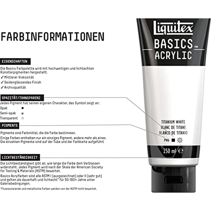 Liquitex Basics Acrylfarbe 250ml - Titanweiß, monopigmentierte Künstlerpigmente, lichtecht, mittlere Viskosität, seidenglänzender Finish, Archivqualität – Bild 3