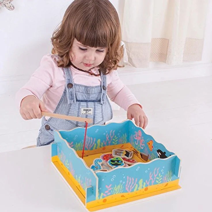 Bigjigs Toys Magnetischer Fischfänger, Holzspielzeug mit 10 Seefiguren und 2 Angelruten – Bild 5