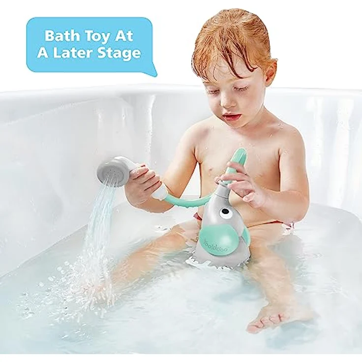 Yookidoo Duschkopf für Baby-Badewanne, Elefanten-Wasserpumpe mit 2-Knopf Wasserflusskontrolle für Neugeborene, türkis – Bild 3