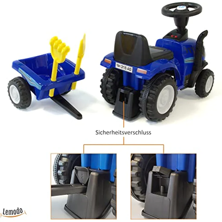 NATIV Rutschauto Traktor ab 1 Jahr | Kinderauto mit Anhänger | Rutschfahrzeug mit Schaufel und Rechen | Kinderfahrzeug in blau | Rutscher mit Soundtasten und Licht | Lizenziertes Kinderspielzeug – Bild 4