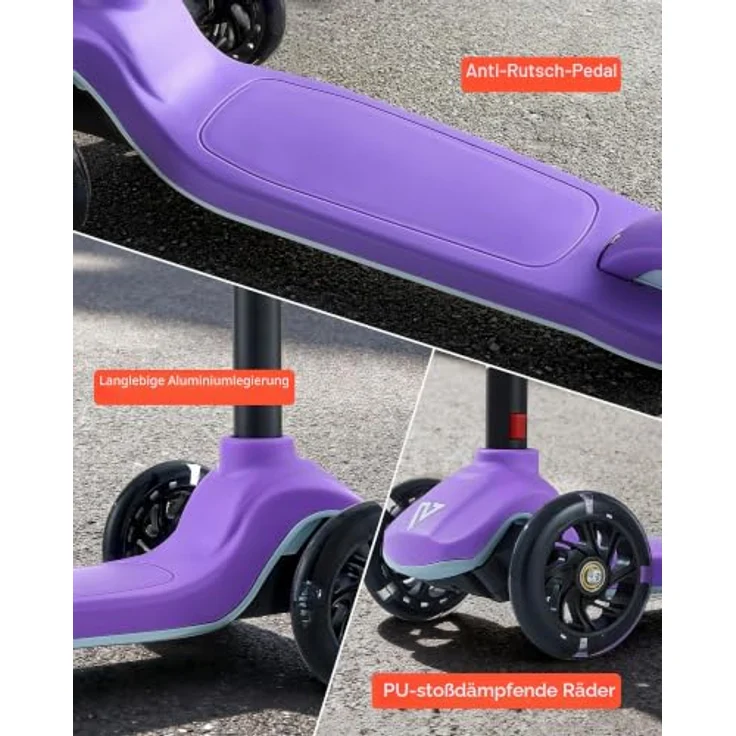 VEVOR Kinderroller, 3-Rad Scooter ab 3 Jahren mit höhenverstellbarem Lenker, rutschfestem Deck und leuchtenden 5-Zoll-Rädern, Lila, für bis zu 75 kg – Bild 5