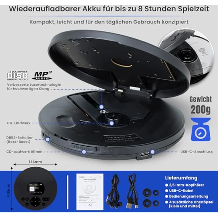 Reflexion PCD540DAB, Tragbarer CD-Player mit DAB+ Radio, CD, CD-R, CD-RW, MP3, USB-C, schwarz – Bild 3