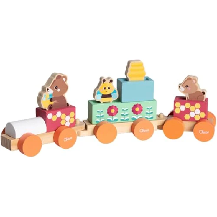 Chicco Teddys Zug - My Wood Friends, Holzeisenbahn mit bunten Bausteinen und 4 Figuren, ab 2 Jahren, FSC®-zertifiziertes Holz – Bild 1