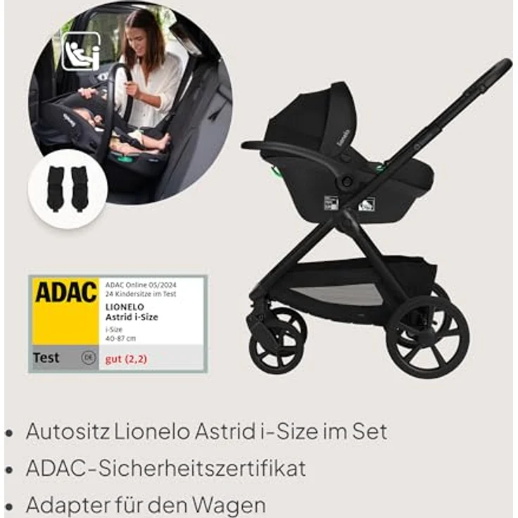 Lionelo Kinderwagen Carmine 3in1, mit Autositz i-Size, Babywanne & Buggy, GravelTech Räder, Federung, UPF50+, Schwarz – Bild 4
