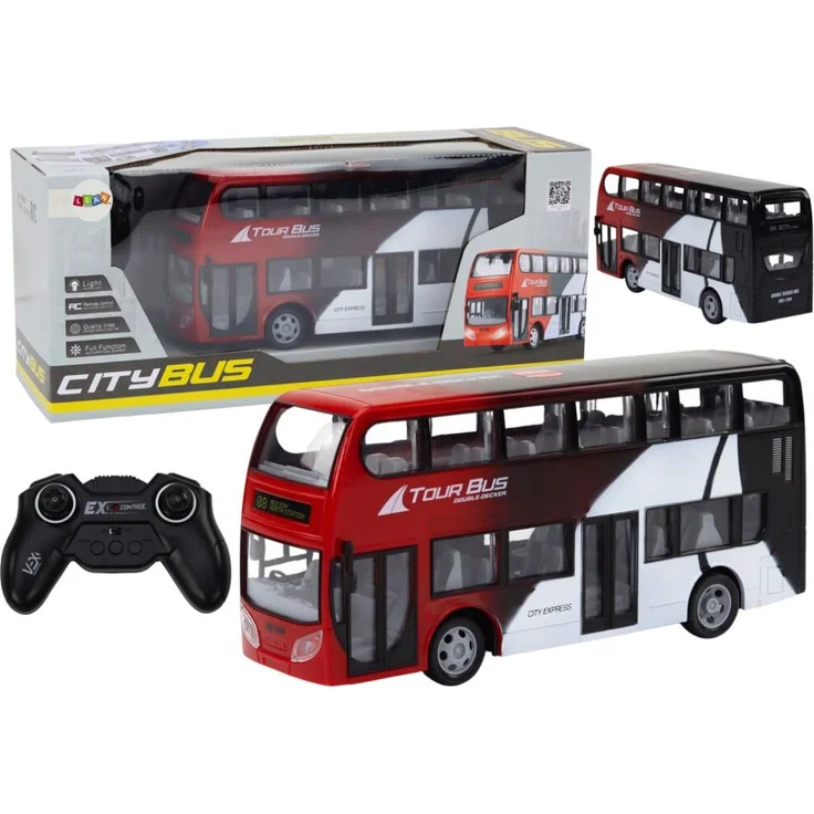Lean Toys RC-Doppeldeckerbus, ferngesteuertes Fahrzeug mit integrierter Beleuchtung, klassisches Rot-Schwarz-Weiß-Design