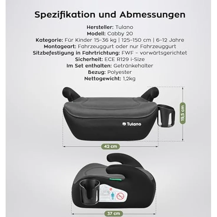 Tulano Cabby 20, Kindersitz mit ECE R129/03 i-Size-Zulassung, ergonomischer Konturierung und Ultra-Soft-Technologie, grau – Bild 8