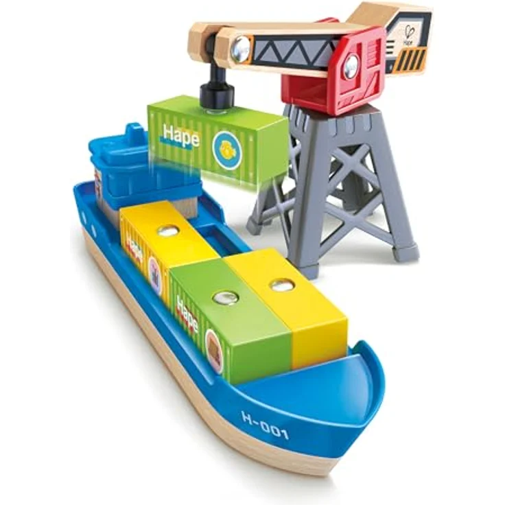 Hape Spielzeug-Schiff Frachtschiff mit Hafenkran, magnetischer Kran zum Entladen und Containerstapeln – Bild 5
