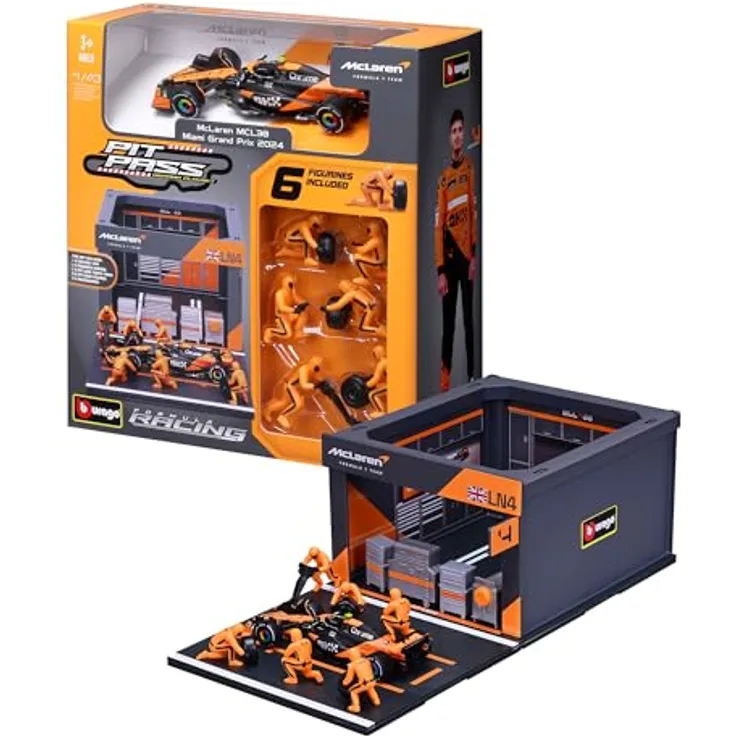 Bburago Pit Stop McLaren MCL38 2024#4 Norris, Spielset mit Diorama, 1:43, 6 Mechanikern, detailgetreu, McLaren-Lizenz, für Kinder ab 3 Jahren