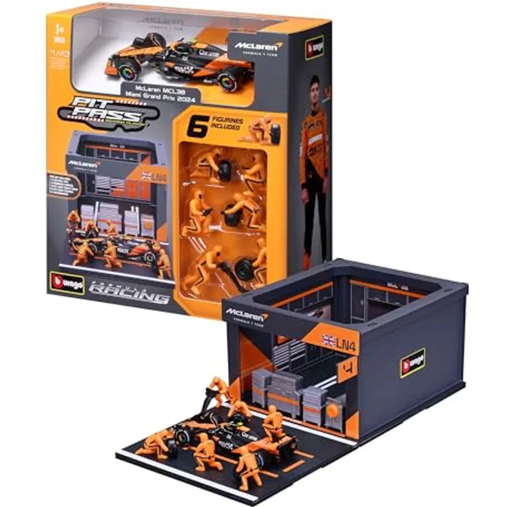 Bburago Pit Stop McLaren MCL38 2024#4 Norris, Spielset mit Diorama, 1:43, 6 Mechanikern, detailgetreu, McLaren-Lizenz, für Kinder ab 3 Jahren – Bild 1