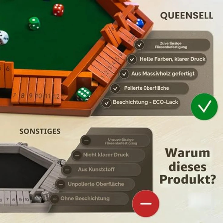 Queensell Shut the Box - Spielbrett aus Holz für 1–6 Spieler, 40 cm (16 Zoll) mit 12 Zahlen, rutschfesten Füßen und Filzpolsterung, ideal für den Spieleabend – Bild 4