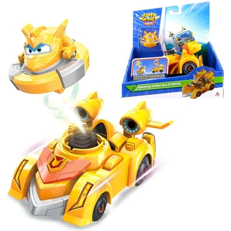 Super Wings Spinning Golden Boy & Vehicle, 14 cm großes Super-Fahrzeug mit 2 Modi, inkl. Mini-Golden Boy Kreisel, für Kinder ab 3 Jahren – Bild 1