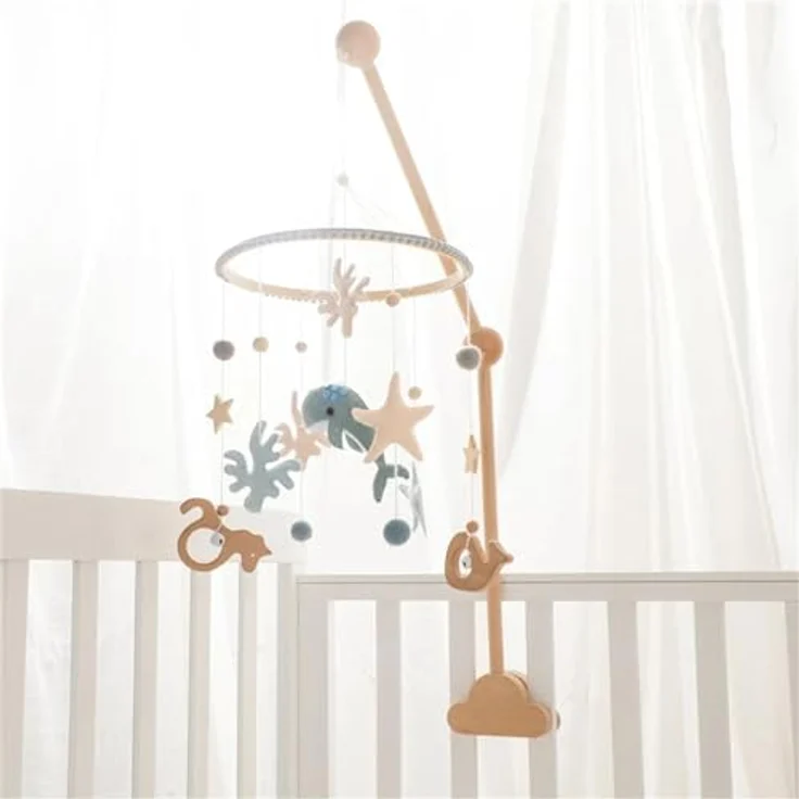 Herfair 3D Delphine Mobile Baby Windspiel aus Holz mit Filzbällen, handgemacht, blau, für Babybett Jungen und Mädchen – Bild 2