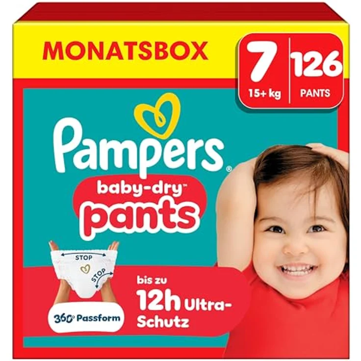 Pampers Monatsbox baby-dry pants Gr. 7 (17+ kg), 126 Stück, 360° Passform, flexibles Bauchbündchen, weiß – Bild 1