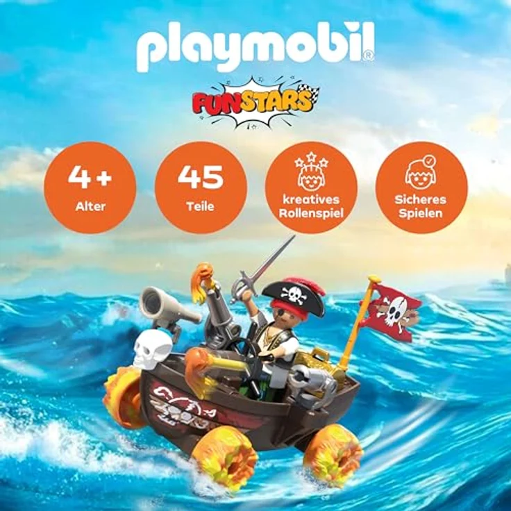 PLAYMOBIL Fun Stars Rasendes Piratenboot, Spielzeug ab 4 Jahren mit Rückzugmotor & Schießfunktion, inkl. Kapitän, Schatztruhe und Kanonen, 71717 – Bild 2