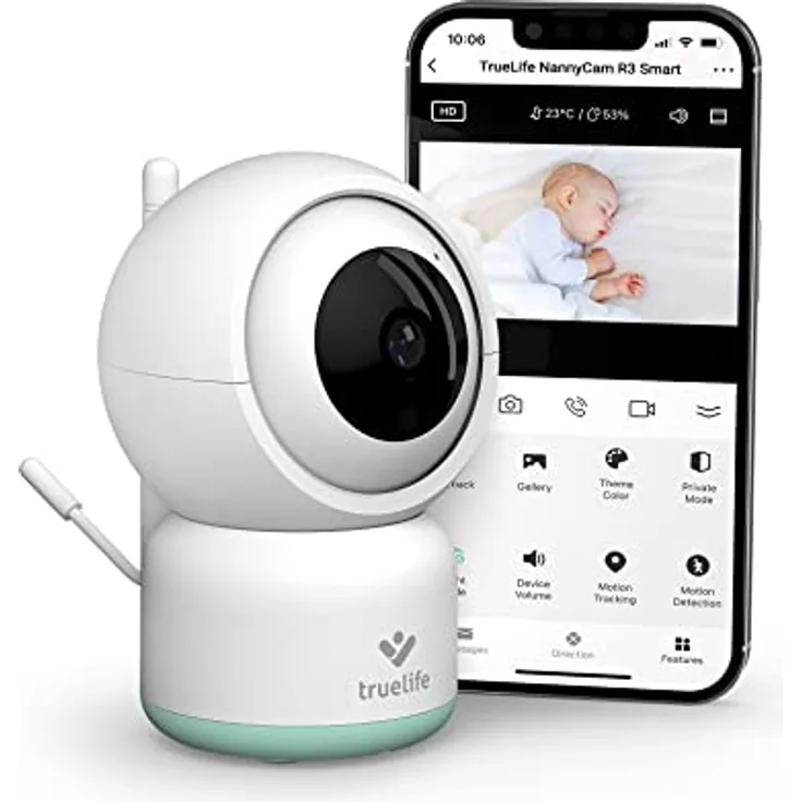 TrueLife NannyCam R3 Smart Überwachungskamera Innen, FullHD-Auflösung Kamera, Babyphone mit Kamera mit Bewegungserkennung, 2-Wege-Audio, Nachtsicht zu 10m, bis zu 128 GB Speicher auf SD Karte, Weiß
