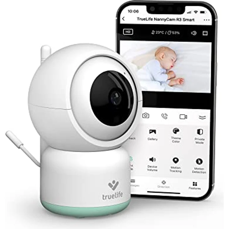 TrueLife NannyCam R3 Smart Überwachungskamera Innen, FullHD-Auflösung Kamera, Babyphone mit Kamera mit Bewegungserkennung, 2-Wege-Audio, Nachtsicht zu 10m, bis zu 128 GB Speicher auf SD Karte, Weiß – Bild 1