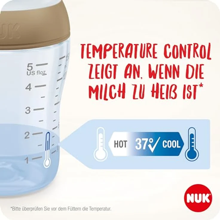 NUK Perfect Match Glas-Babyflaschenset | Ab 6 Mon. | Passt sich dem Baby an | Temperature Control | 4 Anti-Colic-Flaschen und zus. Silikontrinksauger | 120 ml & 230 ml | BPA-frei | Regenbogen | 5 St. – Bild 4