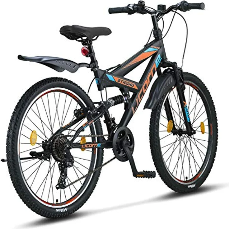Licorne Bike Strong V Premium Mountainbike in 26 Zoll - Fahrrad für Jungen, Mädchen, Damen und Herren - Shimano 21 Gang-Schaltung - Vollfederung - Schwarz/Blau/Orange – Bild 4