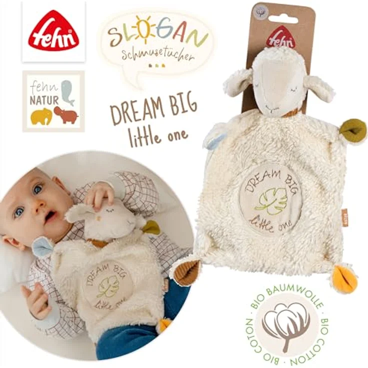Fehn Schmusetuch Schaf Dream Big – Kuschelspielzeug mit individueller Bestickung, 2 in 1 Schnuffeltuch für Babys & Kleinkinder, kbA Baumwolle, grau – Bild 5