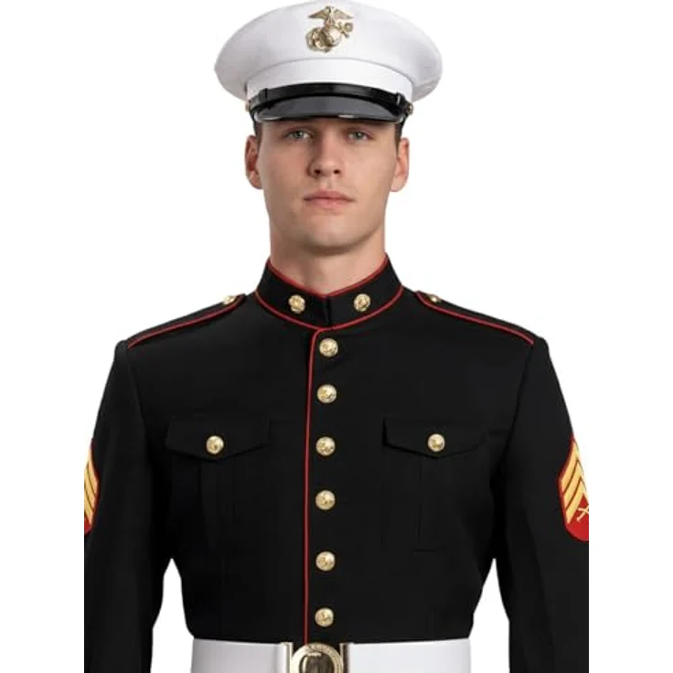 Maskworld Marine Corps Kadett Kostüm (XL), authentische Jacke in Schwarz mit roten Streifen, Marineblaue Hose und Kadettenmütze – Bild 6