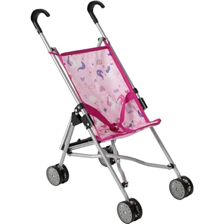 Bayer Chic 2000 Puppenbuggy Funny, Mini-Buggy für Puppen bis 50 cm, pink Einhorn, leicht zusammenklappbar – Bild 1