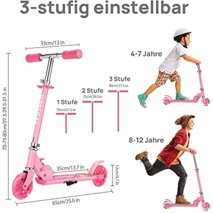 TENBOOM Klappbarer Kinderroller, 2-Rad Scooter für Kinder ab 3 Jahren, 3-fach höhenverstellbar, mit LED-Rädern für Mädchen und Jungen – Bild 4