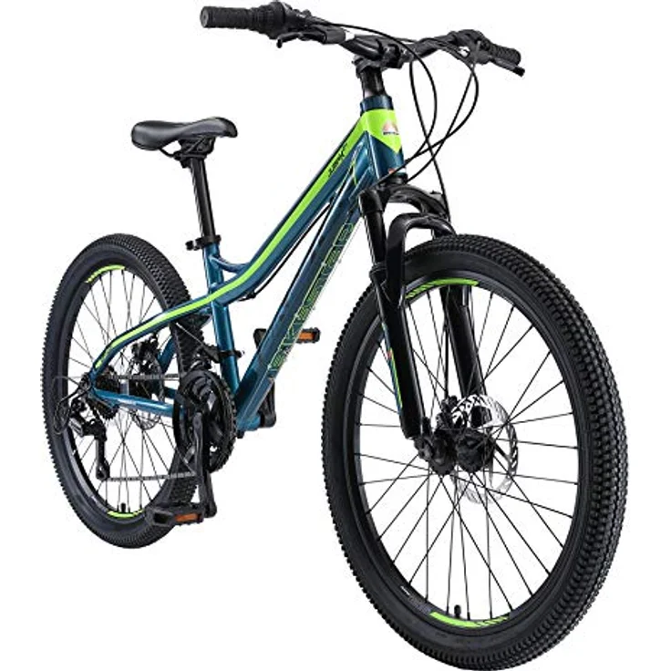 BIKESTAR Alu Mountainbike Jugendfahrrad 24 Zoll ab 9-14 Jahre Hardtail | 21 Gang Shimano Schaltung, Scheibenbremse, Federgabel | Kinder Fahrrad Petrol & Gelb | Risikofrei Testen – Bild 1