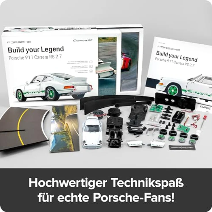 Franzis 67267 Porsche 911 Carrera RS 2.7, Modellbausatz im Maßstab 1:24 mit Soundmodul, LED-Beleuchtung und Begleitbuch, weiß – Bild 2