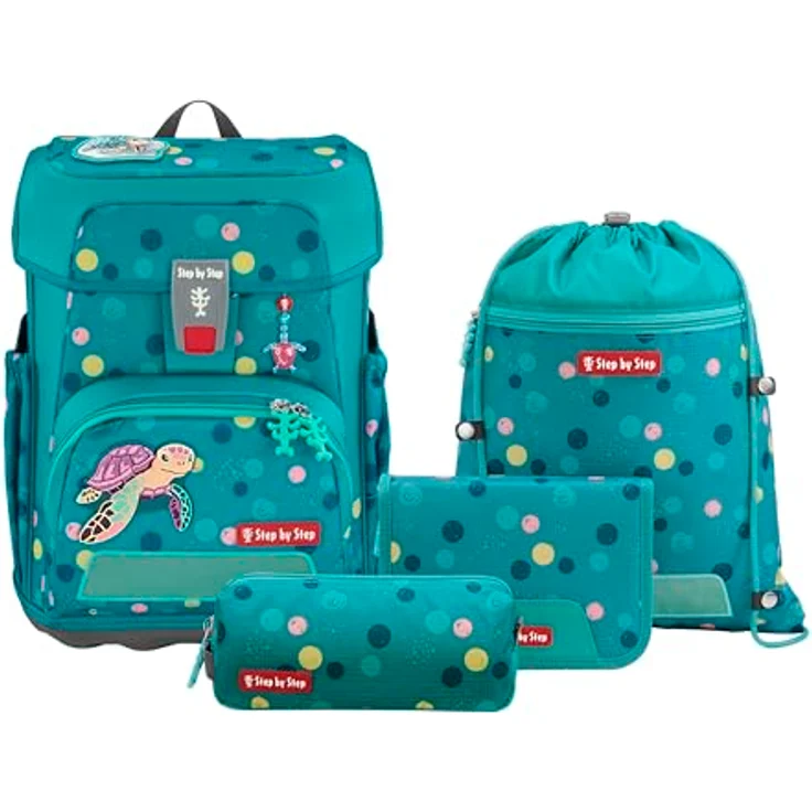 Step by Step Schulranzen-Set Cloud „Turtle Josie“, 5-teilig, ergonomischer Tornister mit Reflektoren, höhenverstellbar, türkis, für Mädchen ab der 1. Klasse, 19L – Bild 1