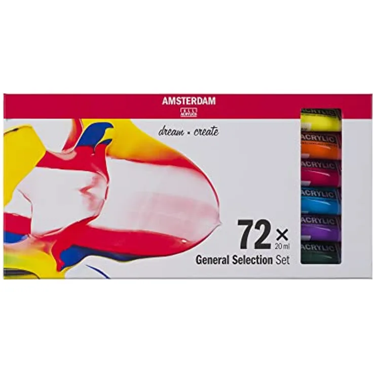 Amsterdam Standard Series Acrylfarben Set für Einsteiger, Probierset mit 73 x 20 ml Tuben in Grundfarben, mittlere Viskosität, seidenmatte Oberfläche