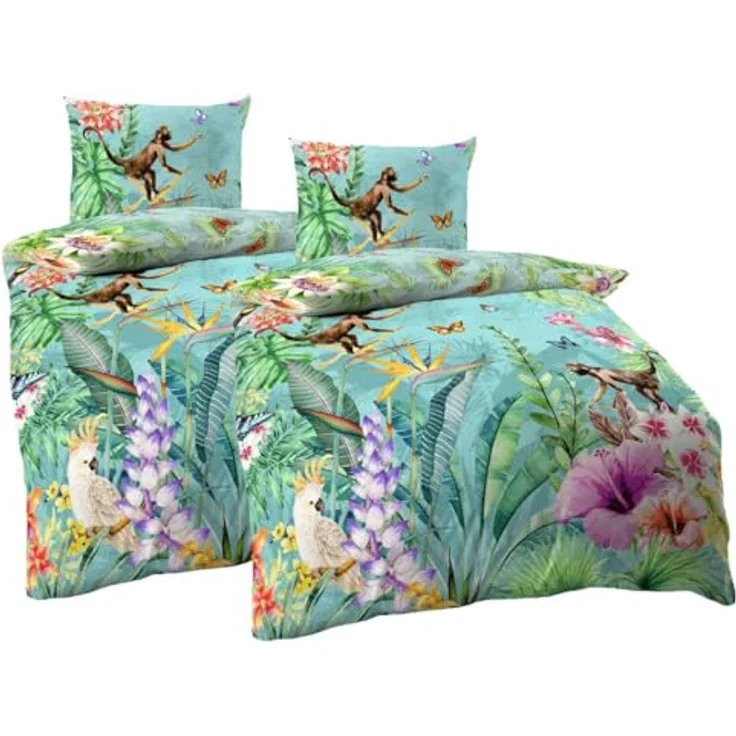 JACK Mako Satin 4tlg. Äffchen Dschungel Kakadu Schmetterling Bunt Urwald, 135x200cm Kinderbettwäsche – Bild 1