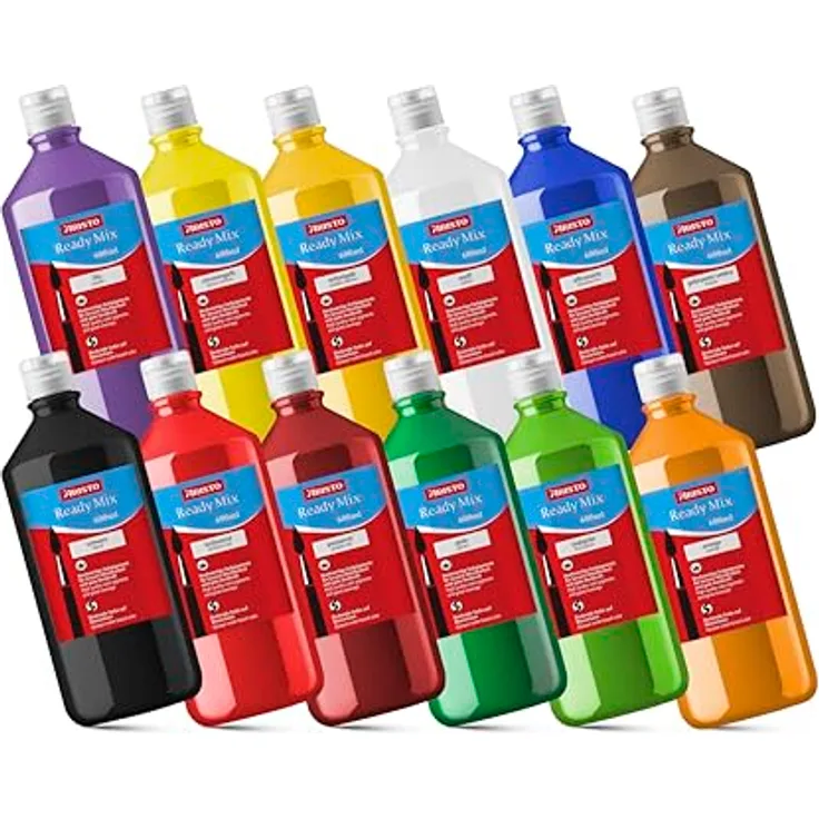 Aristo Ready Mix Flüssigfarbe Set, 12 x 600 ml, wasserlösliche Temperafarben auf Wasserbasis mit mattem Finish, ergonomische Dosierflasche, biologisch abbaubar