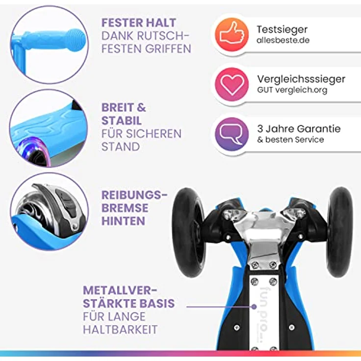 fun pro Two Roller, Tretroller mit LED-Rädern, höhenverstellbar und klappbar, bis 80 kg, für Kinder ab 5 Jahren, sicher und robust, aus Hamburg – Bild 2