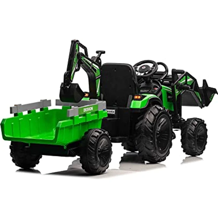 RIRICAR Elektrotraktor TOP-Worker 12V, Einsitzer mit Schöpfkellen und Anhänger, grün, weicher PU-Sitz, MP3-Player mit USB-Eingang, Heckantrieb, 2 x 45W Motor, EVA-Räder, 12V / 10Ah Batterie – Bild 5
