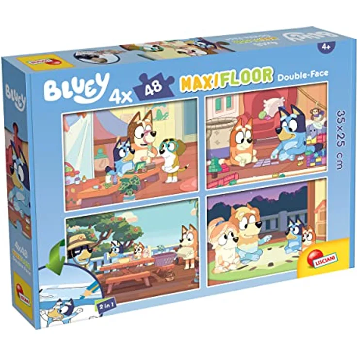 Lisciani Puzzle BLUEY - 4 doppelseitige Puzzles mit 48 Teilen, Kreativspiel mit Ausmalen, 35 x 25 cm, für Kinder ab 4 Jahren