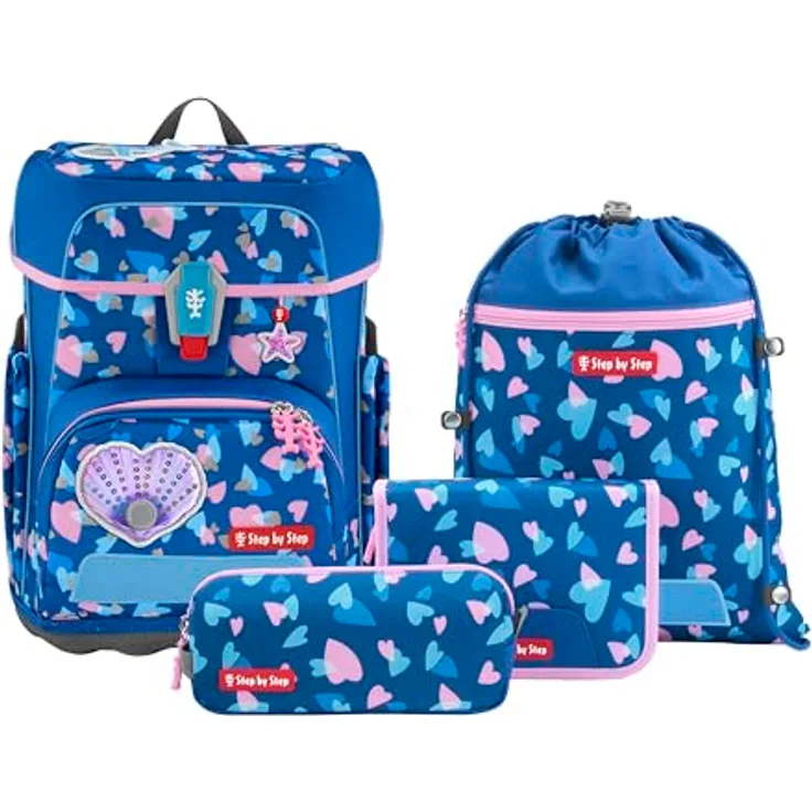 Step by Step CLOUD REFLECT Schulranzen-Set „Seashell Pearl“, 5-teilig, ergonomischer Tornister mit Reflektoren, höhenverstellbar, blau-rosa, 19L